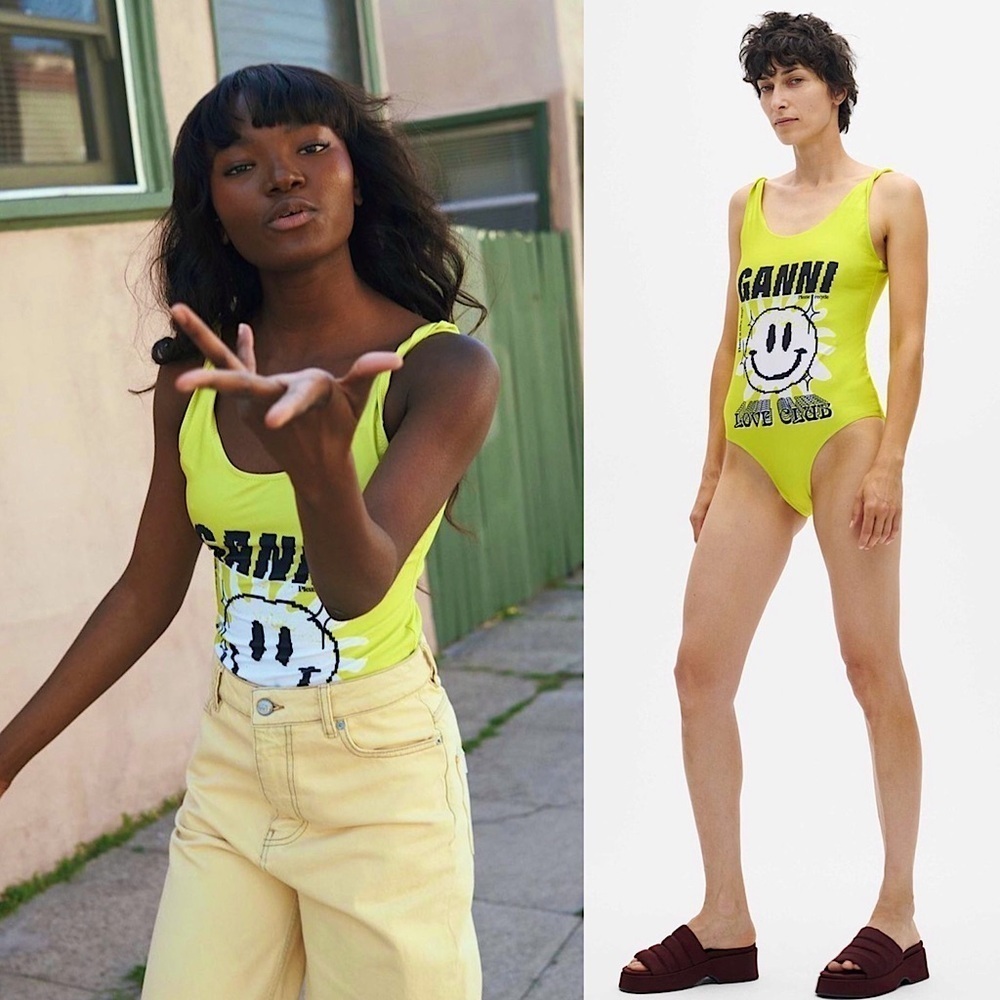 GANNI 90s Neon Twist Strap Smiley Face Graphic Print 1 Piece Swimsuit Bodysuit 2